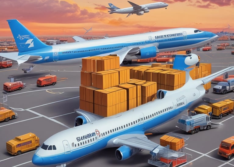 Airplane taking off with cargo containers visible on board.