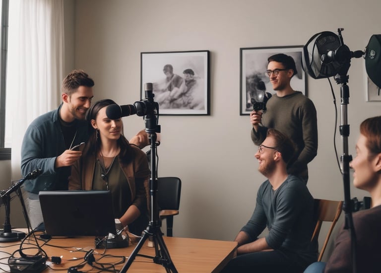 A minimalist desk setup with an open book, gold pen, and navy blue accents.