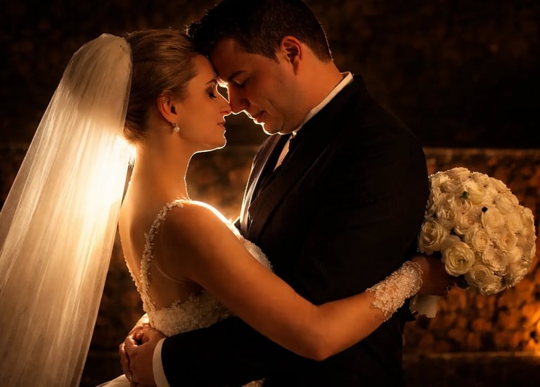 Casal se abraçando ao pôr do sol na sessão de fotos no espaço de evento