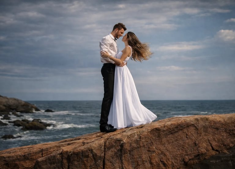 Casal no ensaio na praia, em frente ao mar com o ceu azul