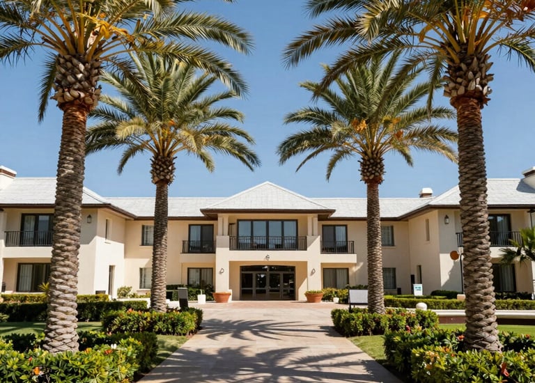 A serene beachfront resort at sunset with golden light reflecting on the water.
