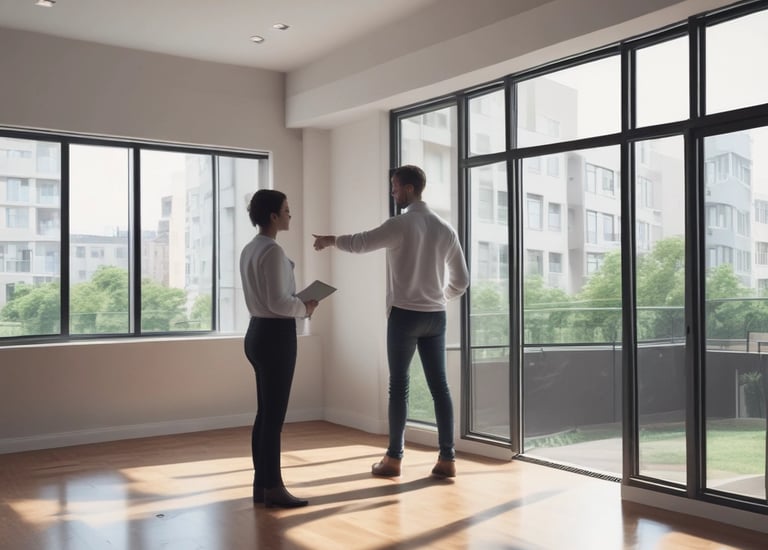 Real estate agent showing a spacious living room to potential buyers.