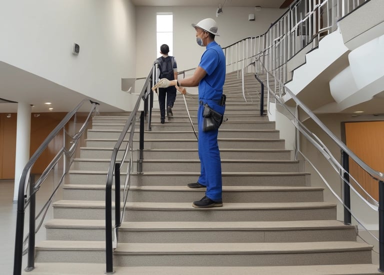Maintenance team cleaning an office building lobby efficiently.
