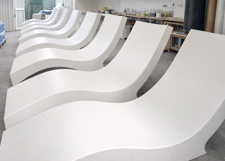 camastros blancos en fibra de vidrio en un taller