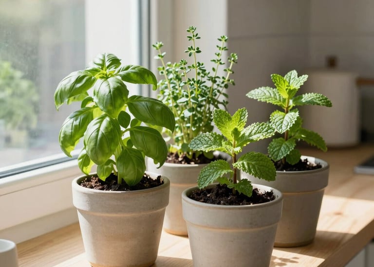 A cozy balcony garden with colorful pots and thriving herbs.