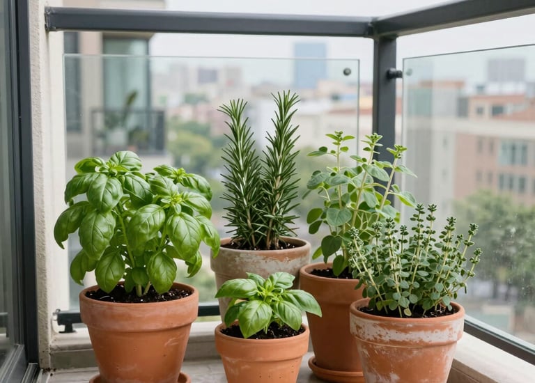 A minimalist balcony with vertical planters filled with leafy greens.