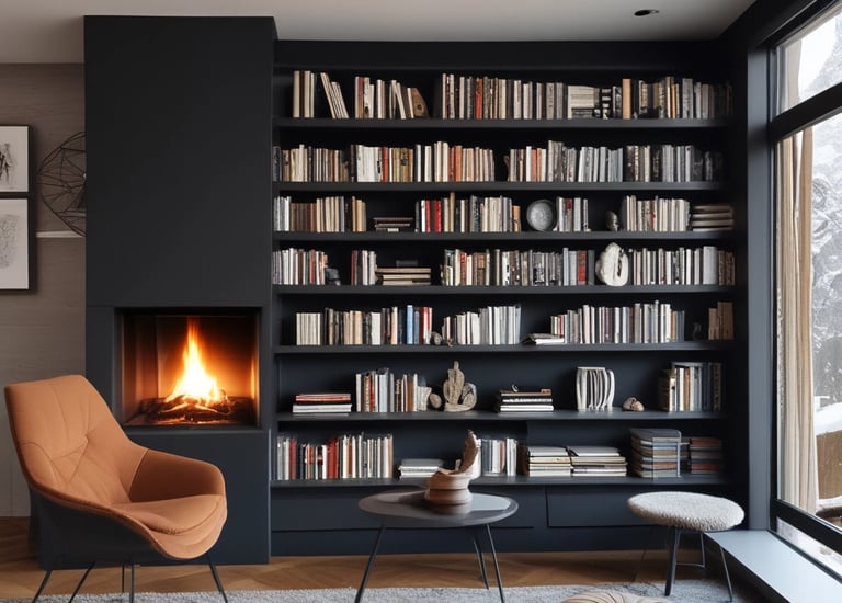 Cozy living room featuring custom wooden furniture and soft lighting.