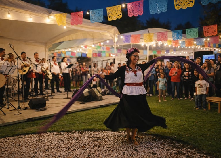 A woman in traditional Mexican dress performs a folk dance with a mariachi band under festive papel picado banners.