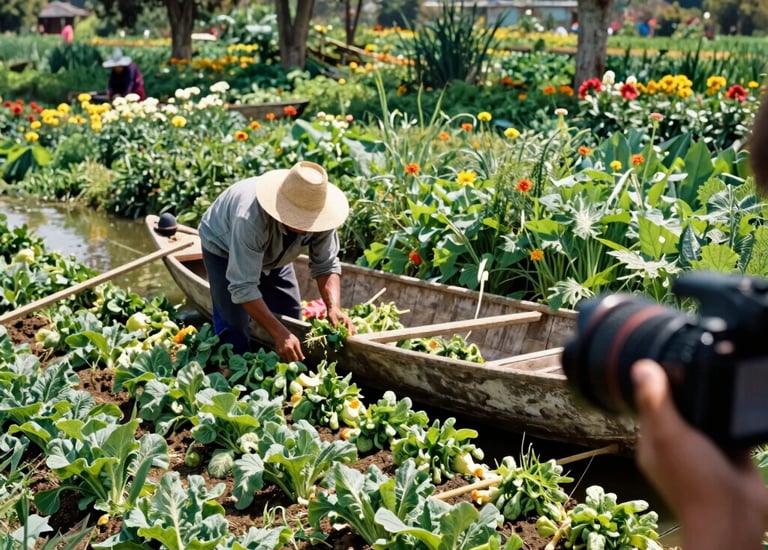 A farmer harvests fresh vegetables from a floating garden boat in Xochimilco's chinampas.