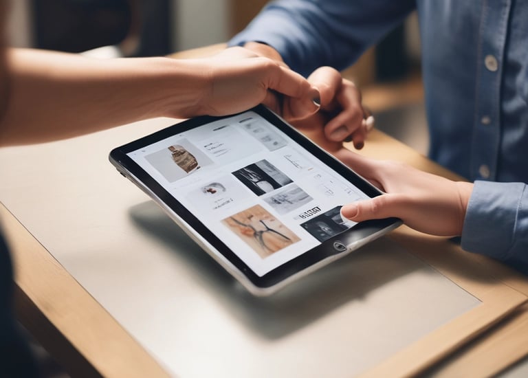 A sleek laptop displaying a minimalist black and white website design on a neutral background.