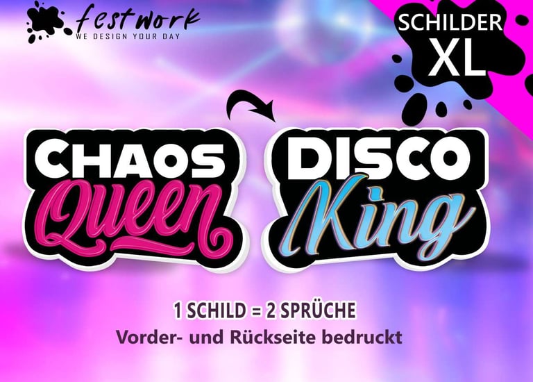 Doppelseitige XL Fotobox Schilder CHAOS QUEEN & DISCO KING
