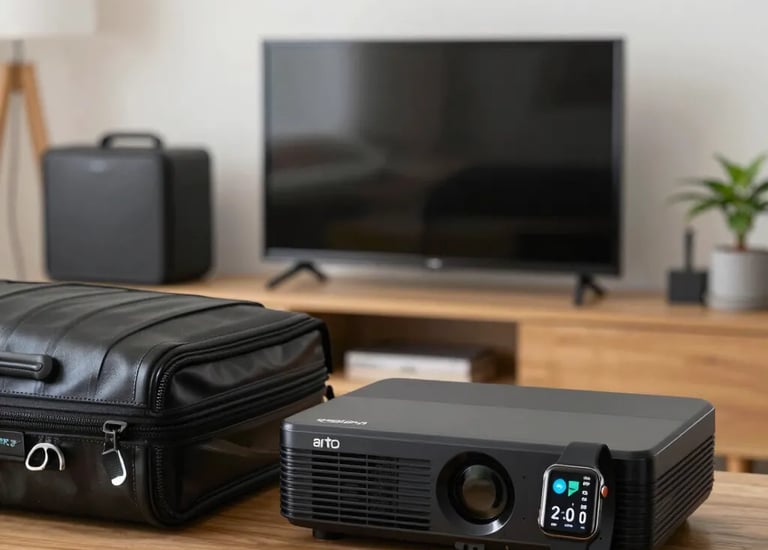 Projetor de vídeo inteligente preto com mala de transporte sobre mesa de madeira numa sala com telev