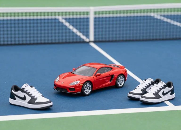 iniaturas de sapatilhas desportivas e carro miniatura vermelho num campo de ténis com o texto Hobbie