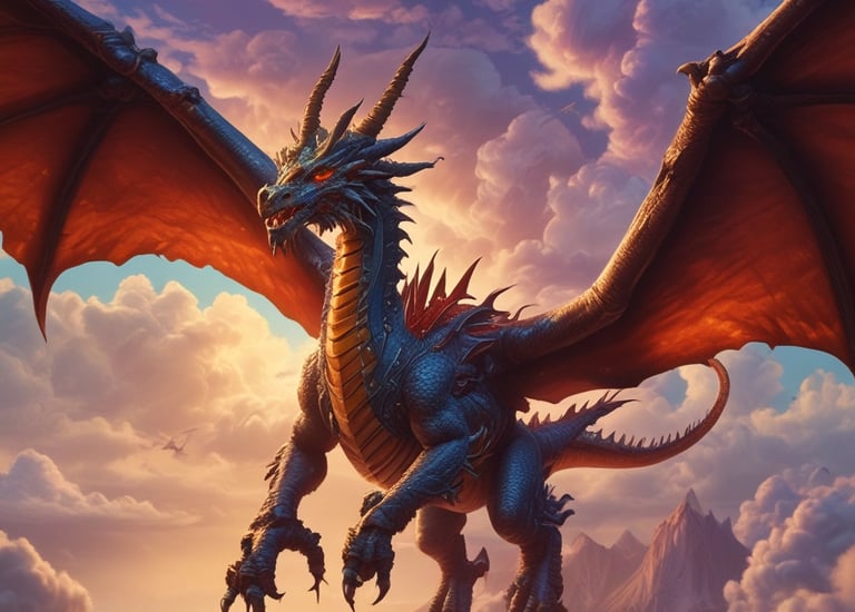 A soaring dragon flying over ancient ruins at sunset.