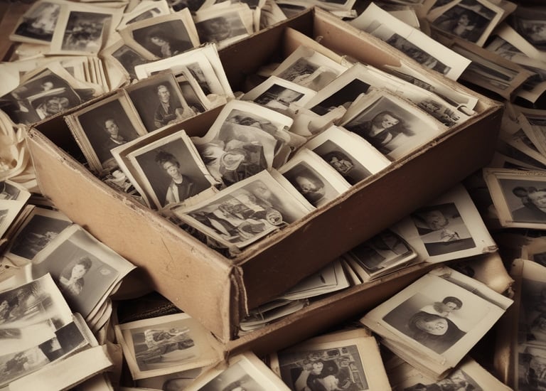 A close-up of old family photographs being carefully handled for digitization