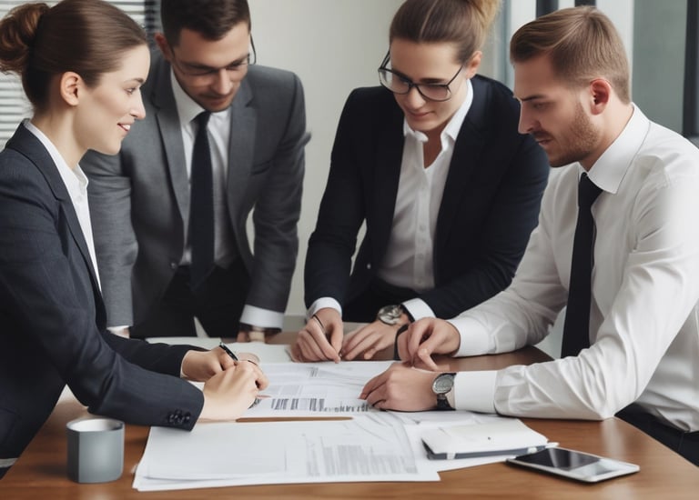 a group of business people sitting around a table
