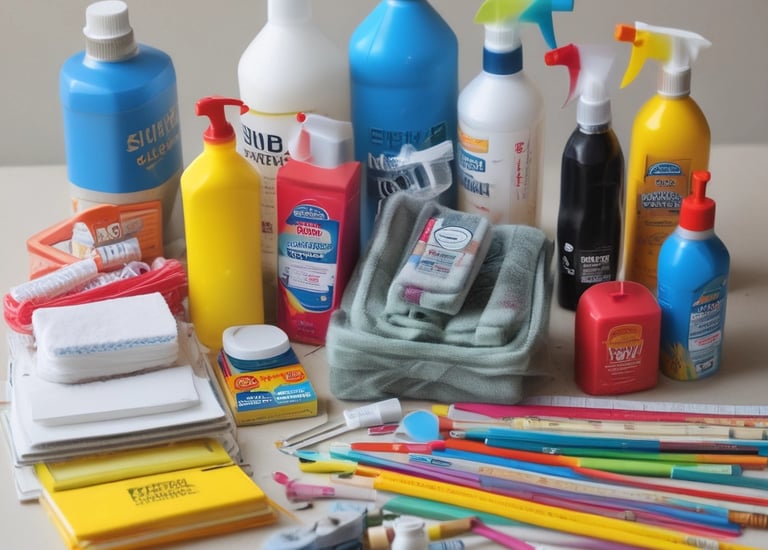 A delivery truck loaded with janitorial supplies outside a school building.
