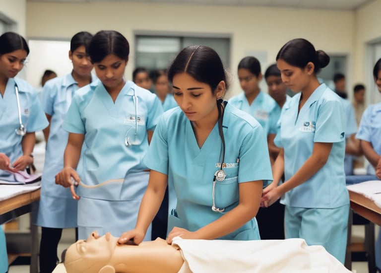Students practicing patient care in a well-equipped hospital ward.