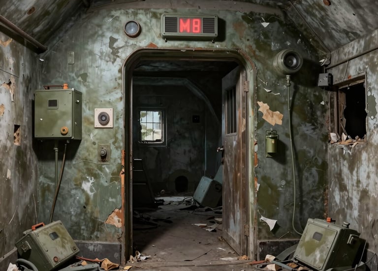 A high-tech underground complex entrance partially covered by desert sand.