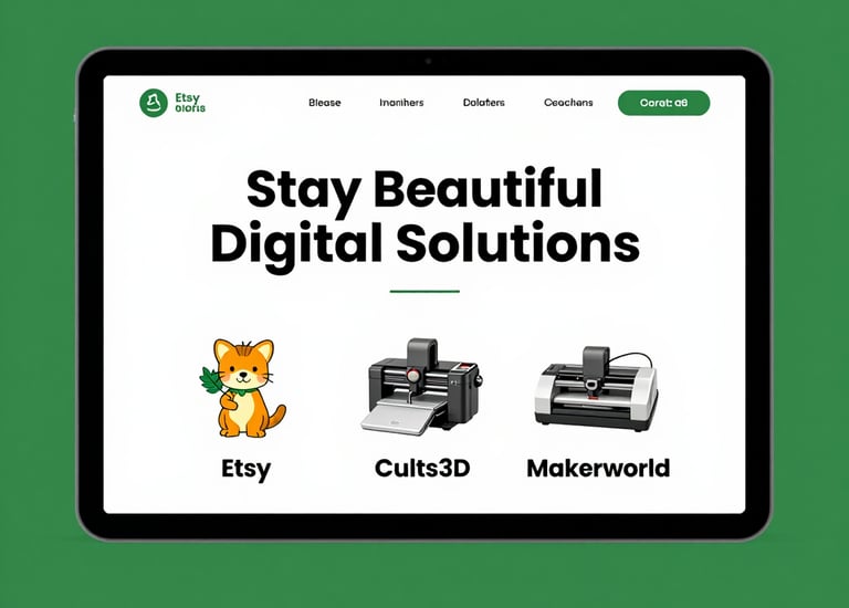 Tablet displaying a website for digital solutions with links to Etsy, Cults3D, and Makerworld.