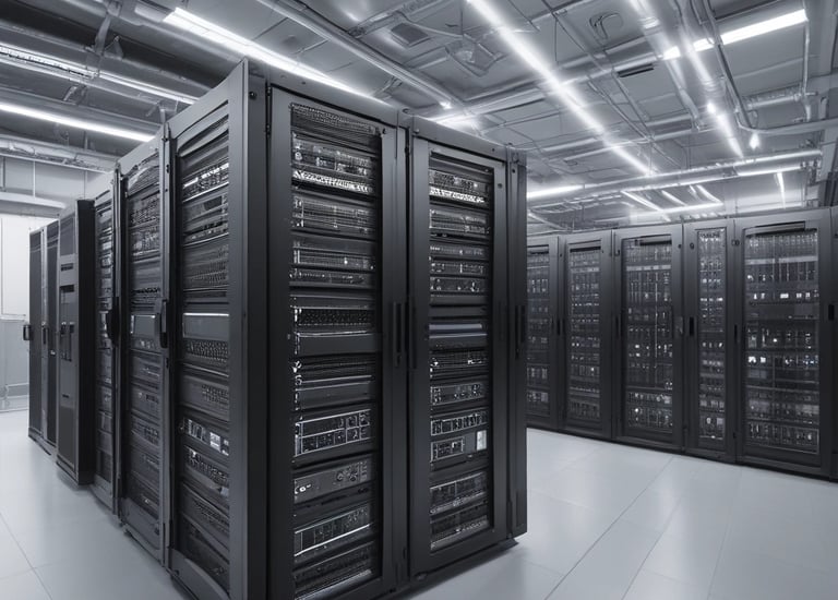 Modern office server room with organized LAN cables and racks