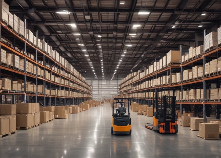 Technician installing WiFi access points in a warehouse