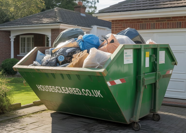 Houses Cleard skip, full of household rubbish.