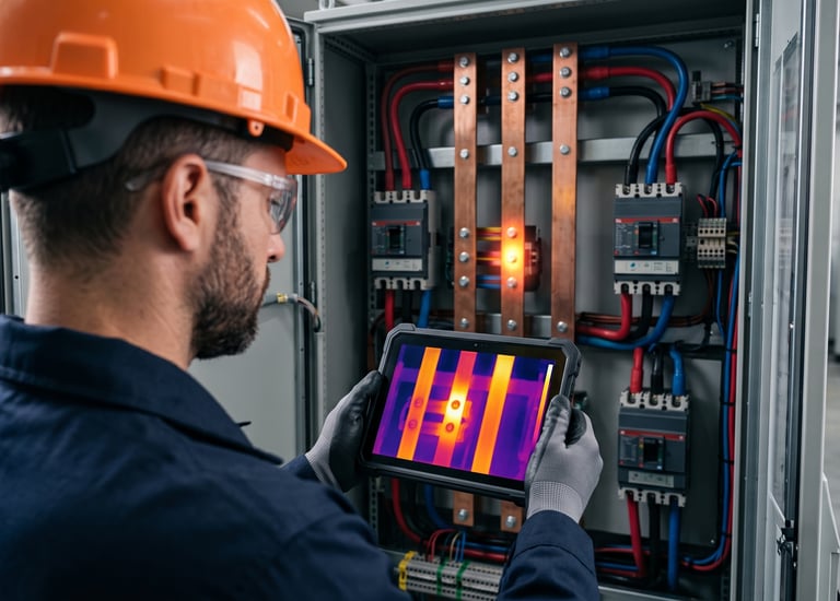 Especialista CBM realizando inspección termográfica en tablero eléctrico y subestación.
