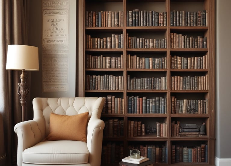 A cozy reading nook bathed in soft purple light with gold ribbons tied around stacked books.