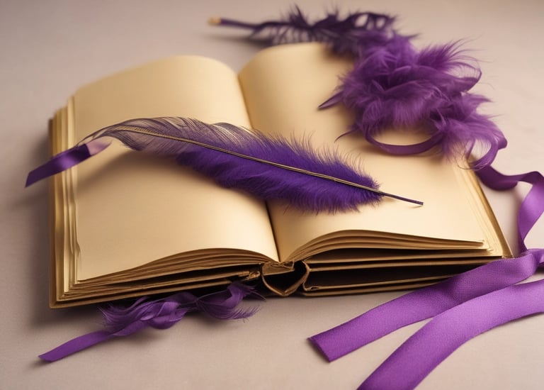 Close-up of an open book with gold-edged pages glowing softly under purple lighting.