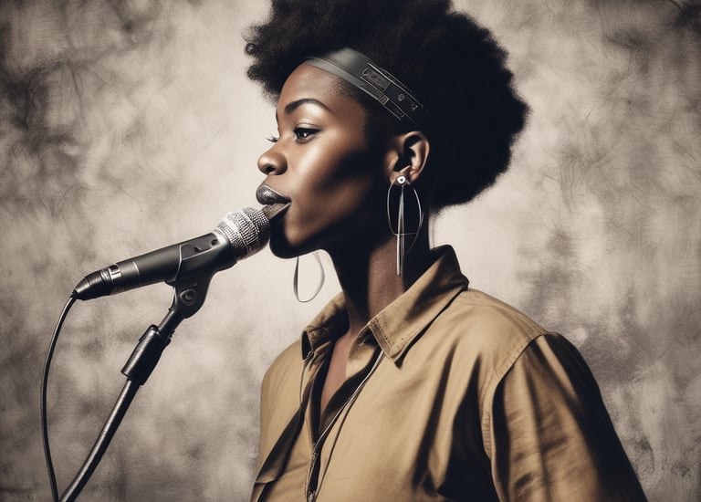 A warm stage lit in purple hues with a gold ribbon draped elegantly, where a person passionately performs spoken word poetry.