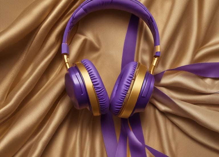A microphone wrapped with a delicate gold ribbon against a backdrop of deep purple curtains.