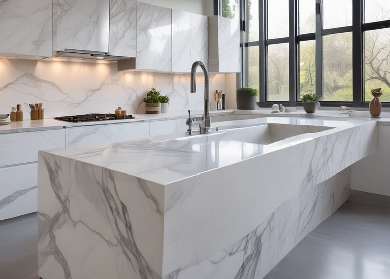 Close-up of a finely carved marble kitchen countertop with natural veins.