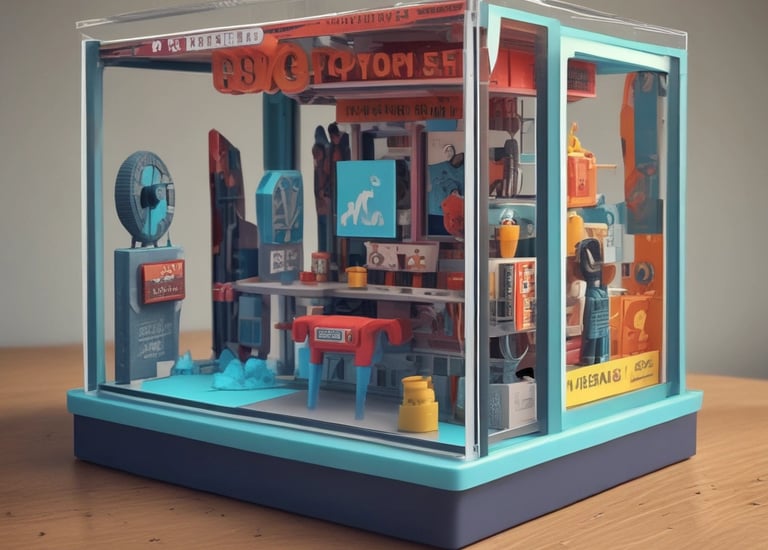 Gallery wall featuring framed photos of 3D objects and design sketches.