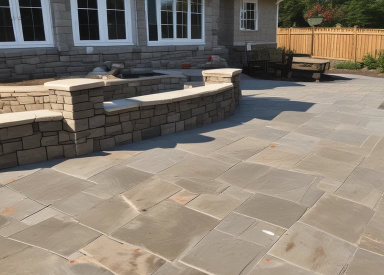 a patio with a stone patio with a bench and a bench