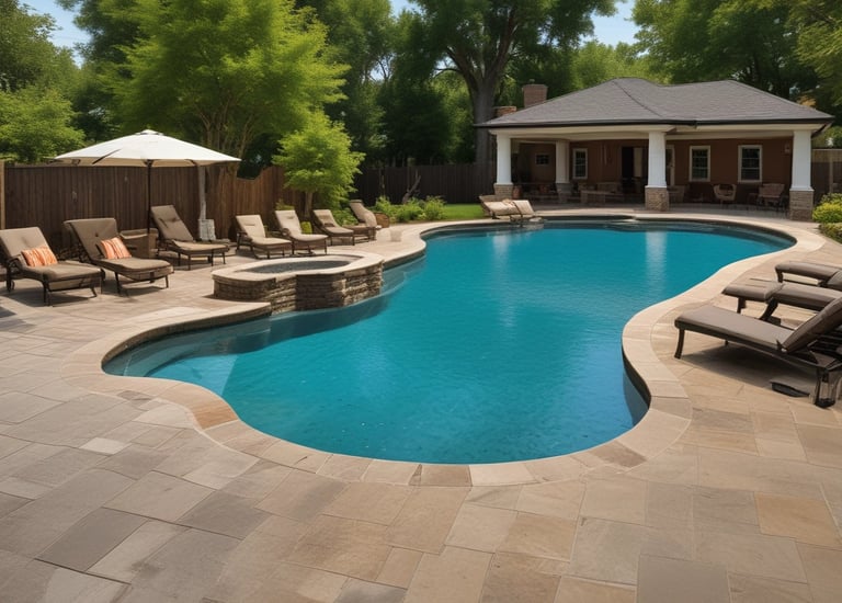 a pool with lounge chairs and umbrellas