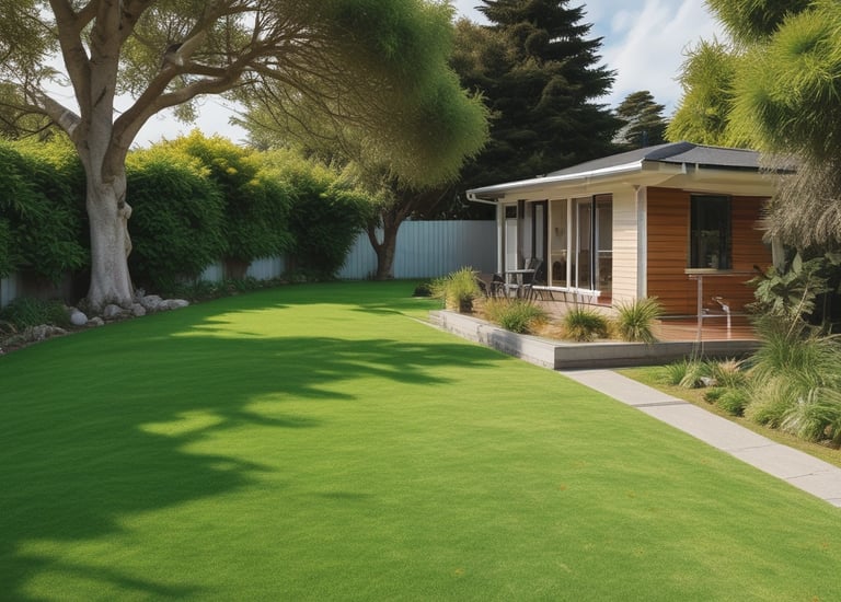 A freshly mowed lawn bordered by neatly trimmed hedges under a bright Christchurch sky.