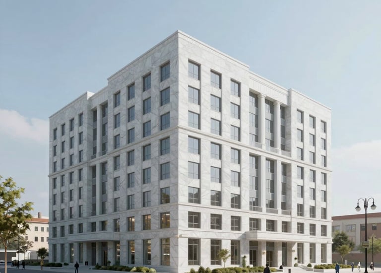 A large-scale commercial building facade clad in warm beige travertine slabs supplied by eterna bori.