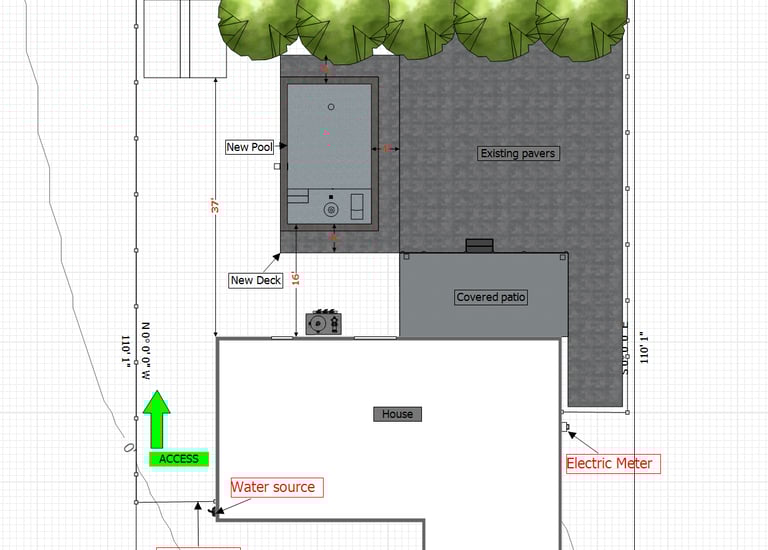 Architectural landscape design plan showing a new pool, deck, covered patio, and garden layout.