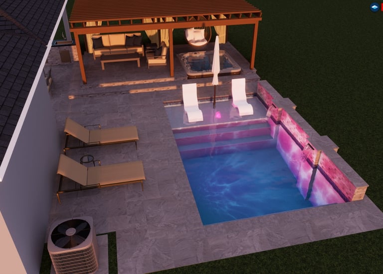 Modern luxury backyard pool design with a hot tub, pergola, and purple LED lighting at night.