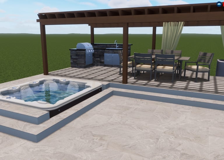 Modern backyard patio with a built-in hot tub, pergola covered dining area, and outdoor kitchen grill.