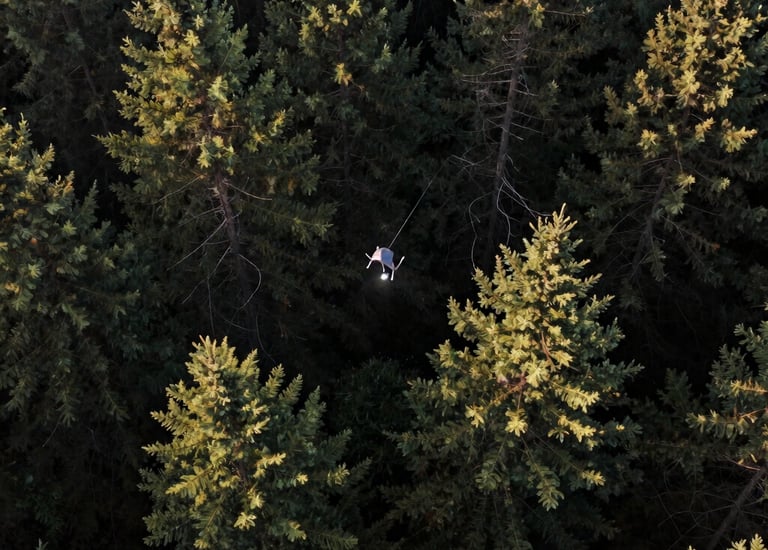 Drone flying over rugged mountain terrain at dawn with searchlights on.