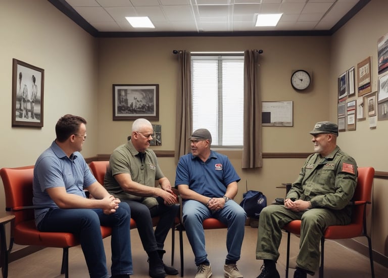 A group of veterans gathered outdoors sharing stories and laughter.