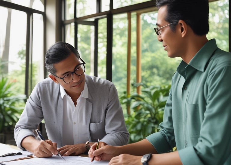 Futuristic blue-toned illustration showing consultation and survey phase with a client and designer discussing plans.