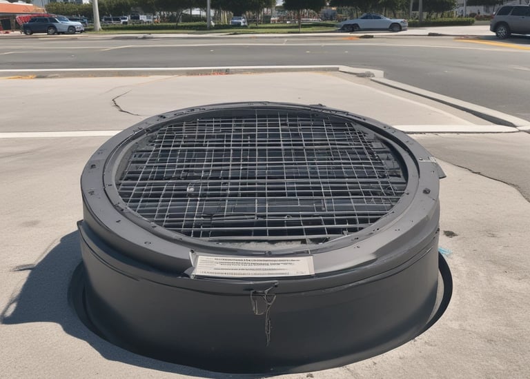 Technician installing a solar-powered remote monitoring device on a manhole cover in a sunny urban area.