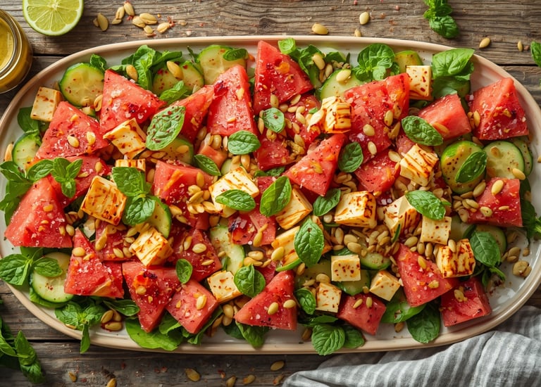Vibrant watermelon feta salad with cucumber, pumpkin seeds, and fresh mint on a wooden table, perfect for a summer dish.