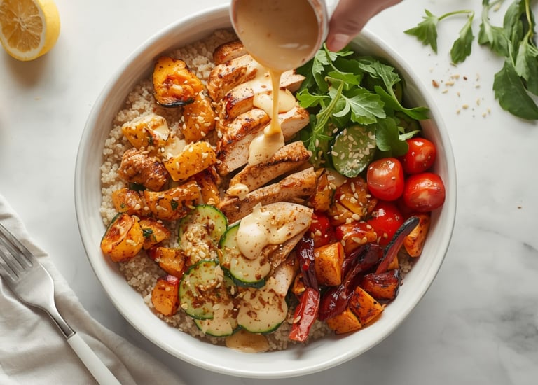 Grilled chicken grain bowl with roasted vegetables, tomatoes, and arugula being drizzled with creamy tahini dressing.