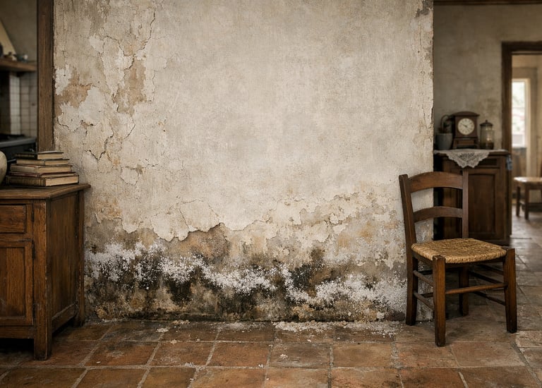 Casa antigua con pared afectada por humedad por capilaridad
