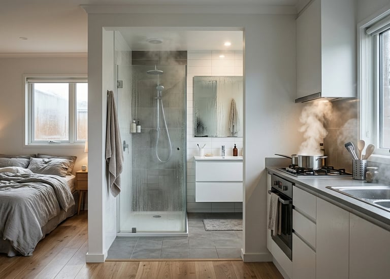 Condensación en baño y cocina por vapor, mala ventilación y humedad interior.