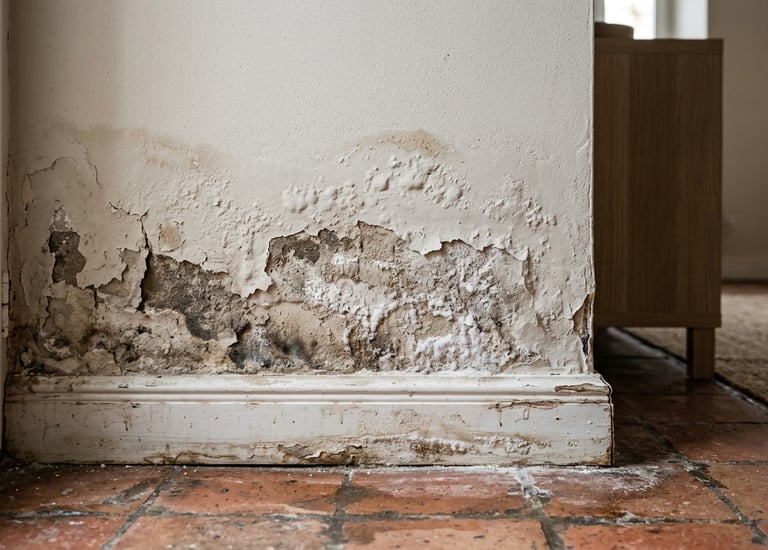 Muro con manchas de humedad por capilaridad en zona con alta humedad en el subsuelo